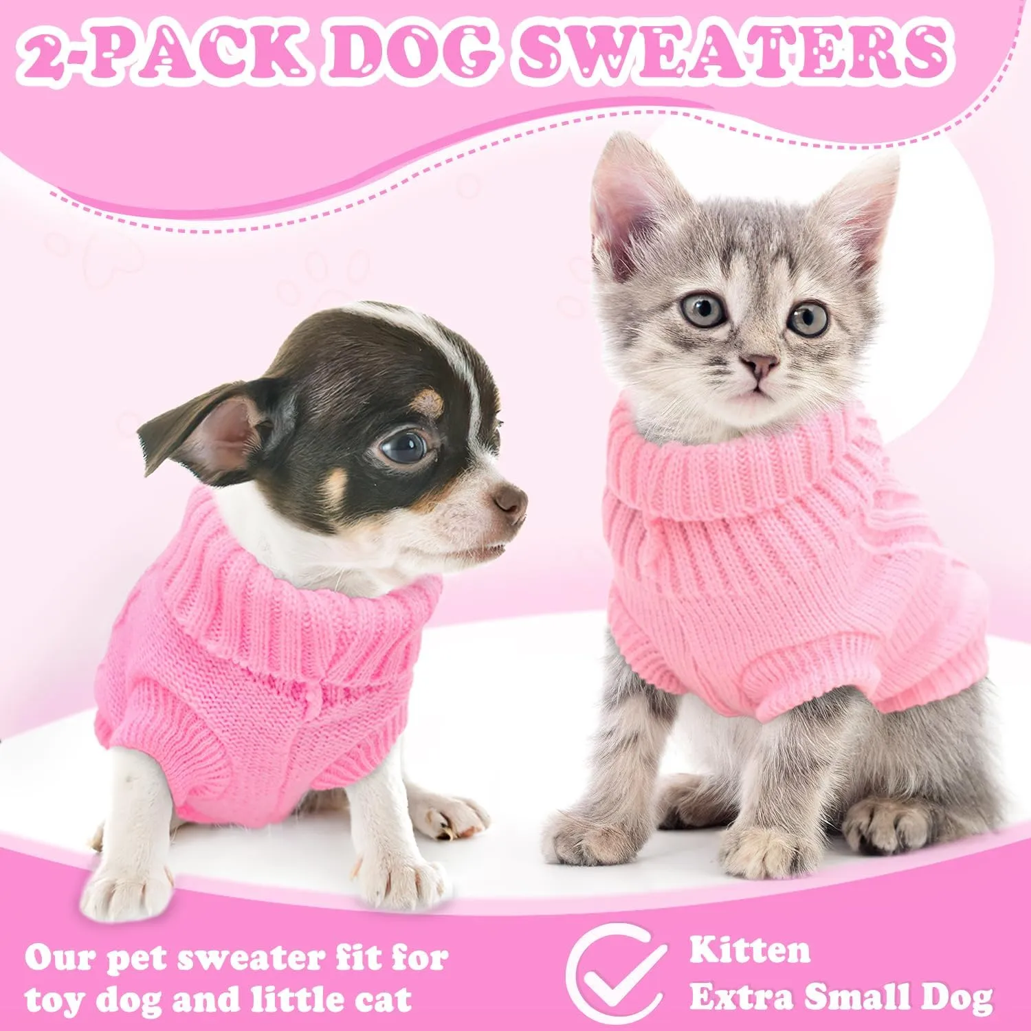 2 Pack XS Dog Sweaters for Small Dogs Girl Knitted Turtleneck Puppy Sweater Warm Fall Winter Female Dog Clothes Pullover Cat Sweater Xs