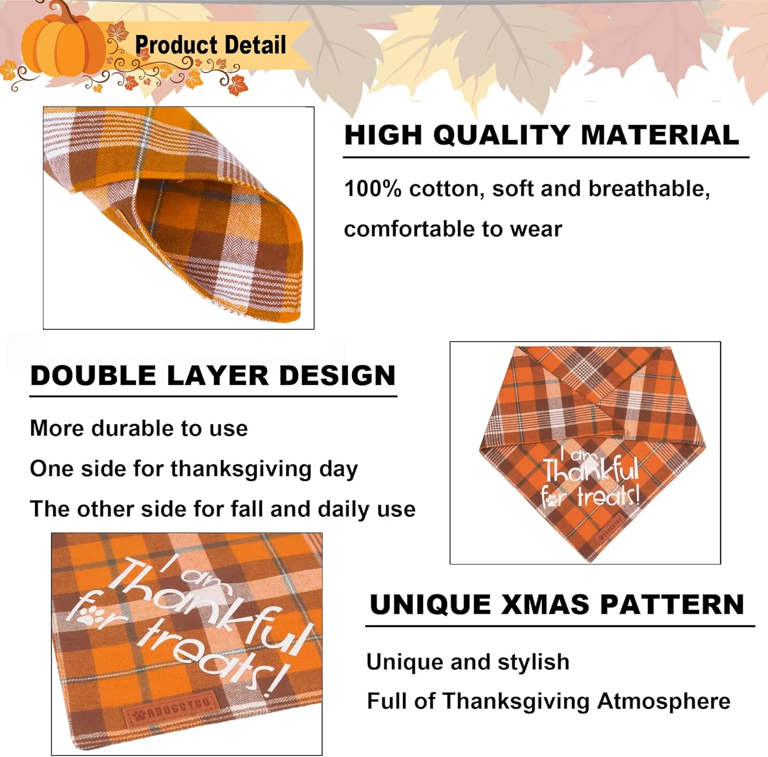 ADOGGYGO Thanksgiving Dog Bandanas, Orange Plaid Pet Scarf, Premium Cotton Fabric, Multiple Sizes Offered, Fall Thanksgiving Bandanas for Medium Large Dogs Pets (Large)
