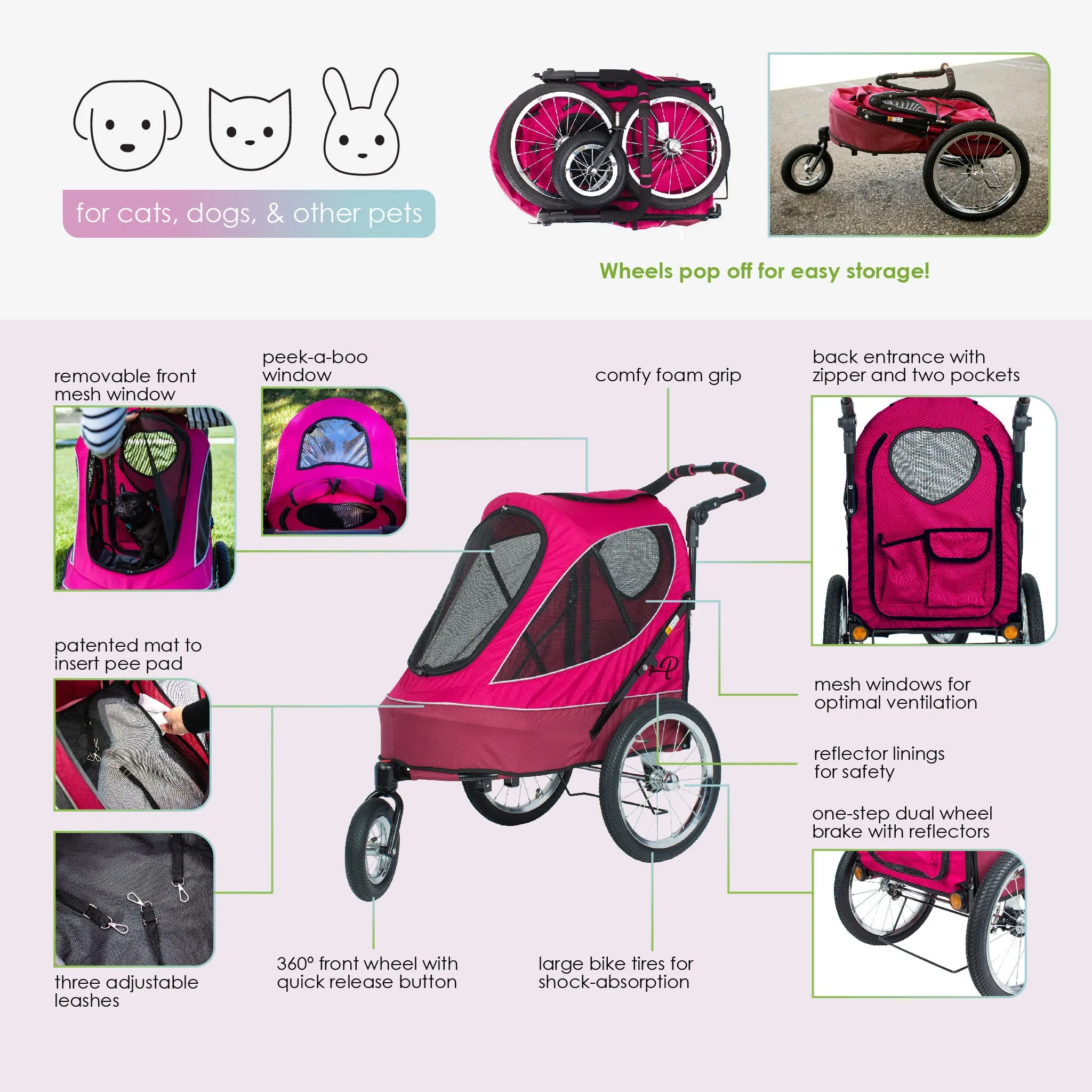 All Terrain Pet Jogger/Stroller/Bike Trailer - Blazin Berry, Shock Absorbing Bike Wheels, Adjustable Handlebar, Dual Brake, for Small/Medium/Large Dogs, Cats, Supports up to 77LBS
