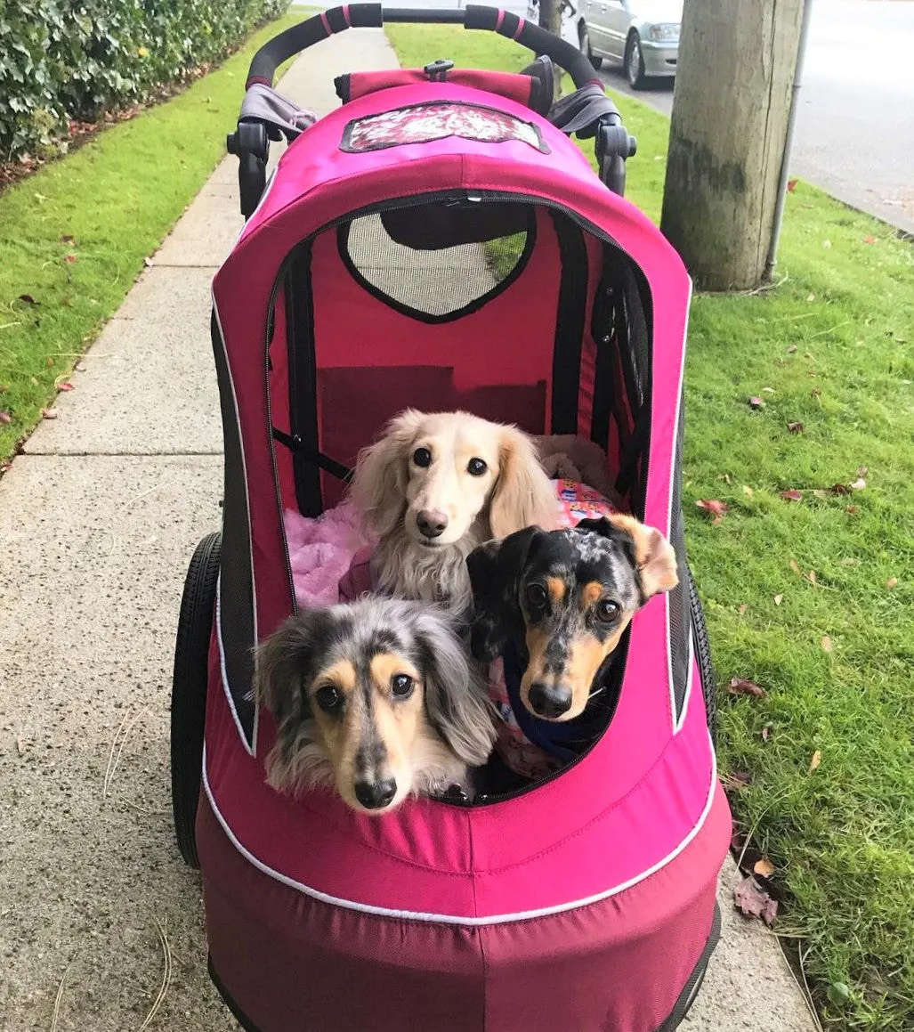 All Terrain Pet Jogger/Stroller/Bike Trailer - Blazin Berry, Shock Absorbing Bike Wheels, Adjustable Handlebar, Dual Brake, for Small/Medium/Large Dogs, Cats, Supports up to 77LBS
