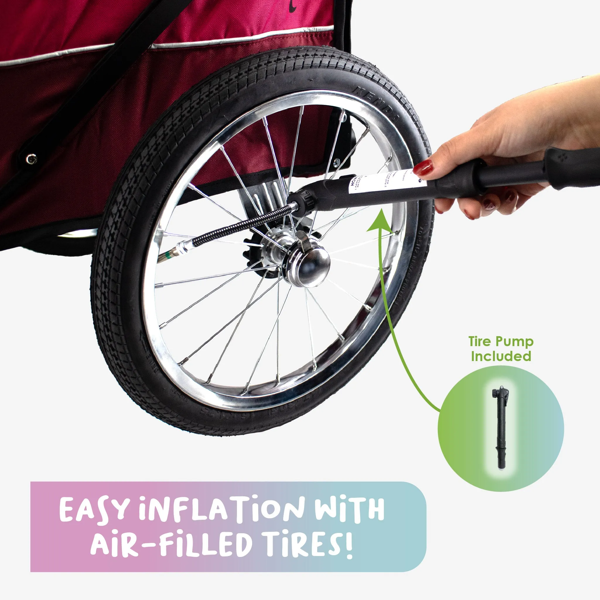 All Terrain Pet Jogger/Stroller/Bike Trailer - Blazin Berry, Shock Absorbing Bike Wheels, Adjustable Handlebar, Dual Brake, for Small/Medium/Large Dogs, Cats, Supports up to 77LBS