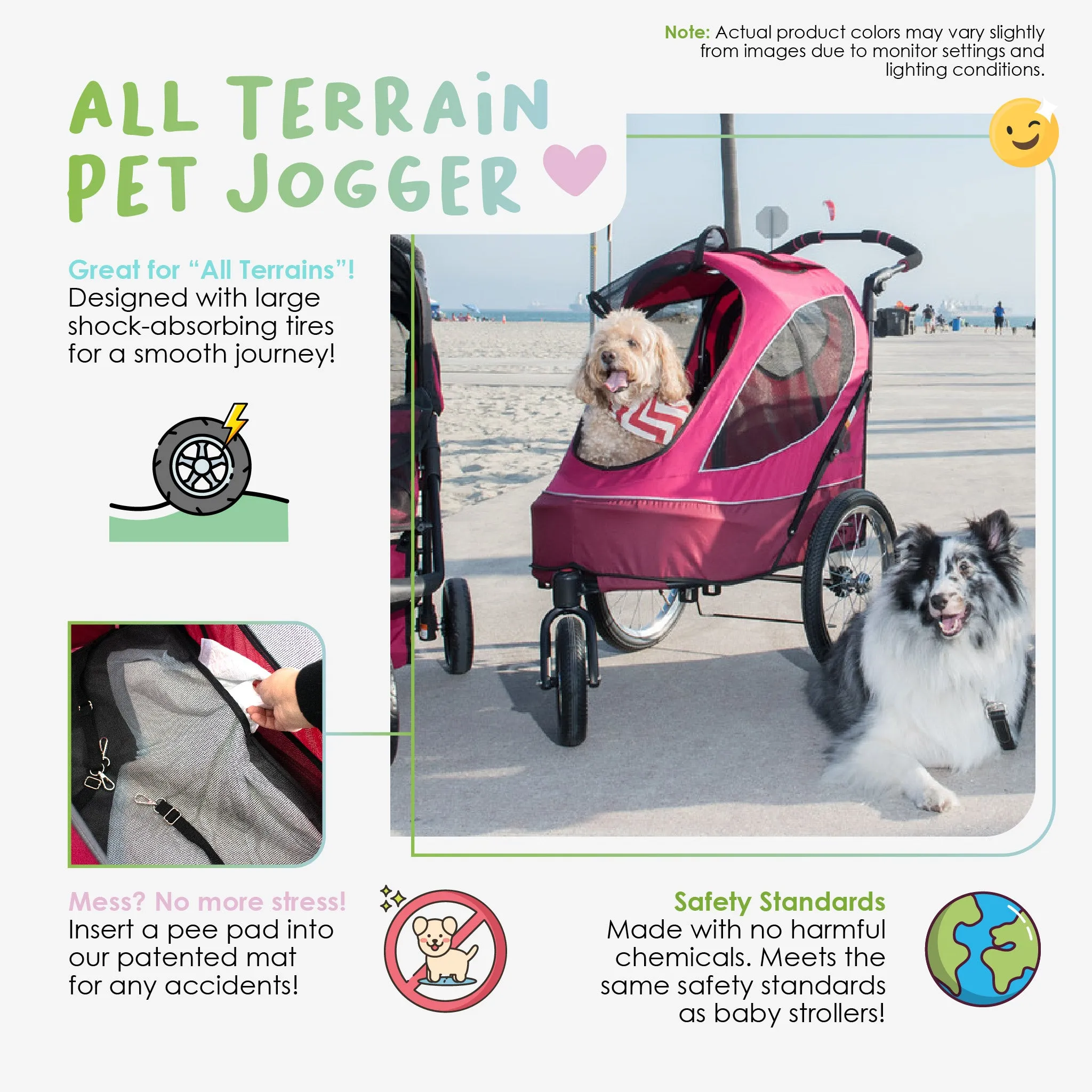 All Terrain Pet Jogger/Stroller/Bike Trailer - Blazin Berry, Shock Absorbing Bike Wheels, Adjustable Handlebar, Dual Brake, for Small/Medium/Large Dogs, Cats, Supports up to 77LBS