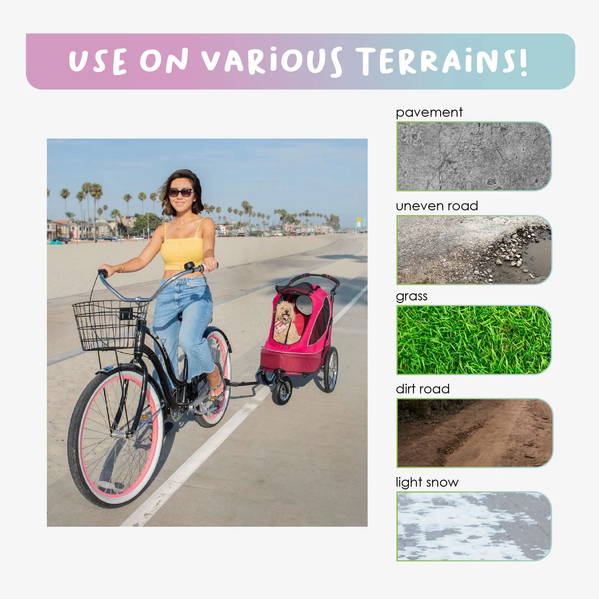 All Terrain Pet Jogger/Stroller/Bike Trailer - Blazin Berry, Shock Absorbing Bike Wheels, Adjustable Handlebar, Dual Brake, for Small/Medium/Large Dogs, Cats, Supports up to 77LBS