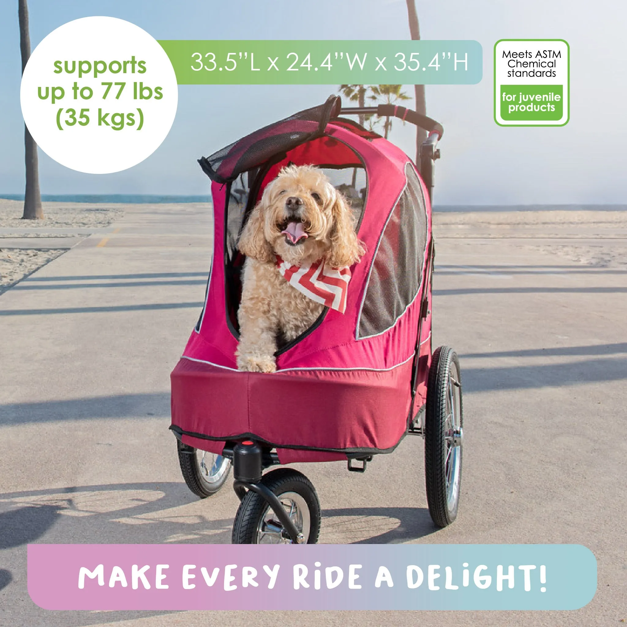 All Terrain Pet Jogger/Stroller/Bike Trailer - Blazin Berry, Shock Absorbing Bike Wheels, Adjustable Handlebar, Dual Brake, for Small/Medium/Large Dogs, Cats, Supports up to 77LBS