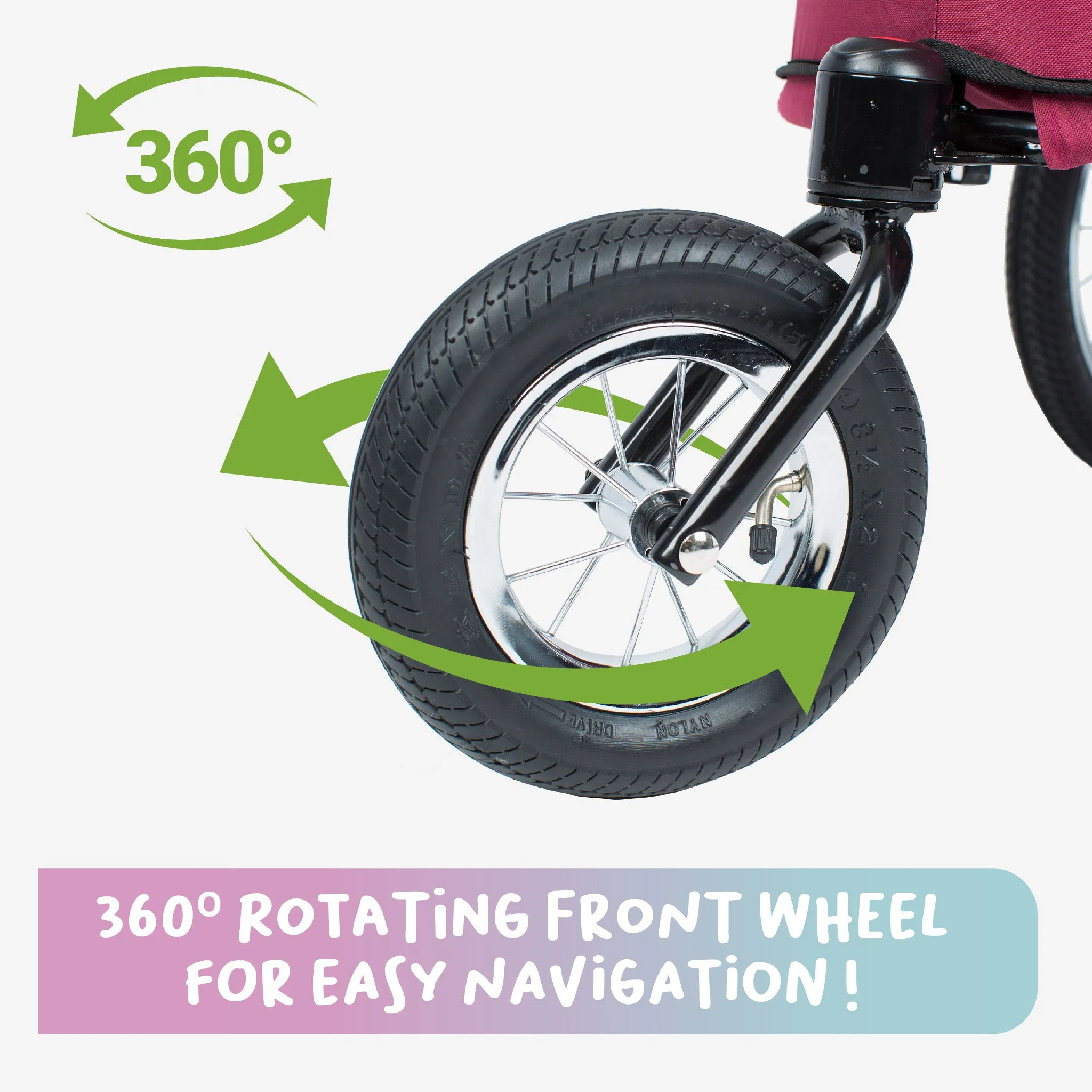 All Terrain Pet Jogger/Stroller/Bike Trailer - Blazin Berry, Shock Absorbing Bike Wheels, Adjustable Handlebar, Dual Brake, for Small/Medium/Large Dogs, Cats, Supports up to 77LBS