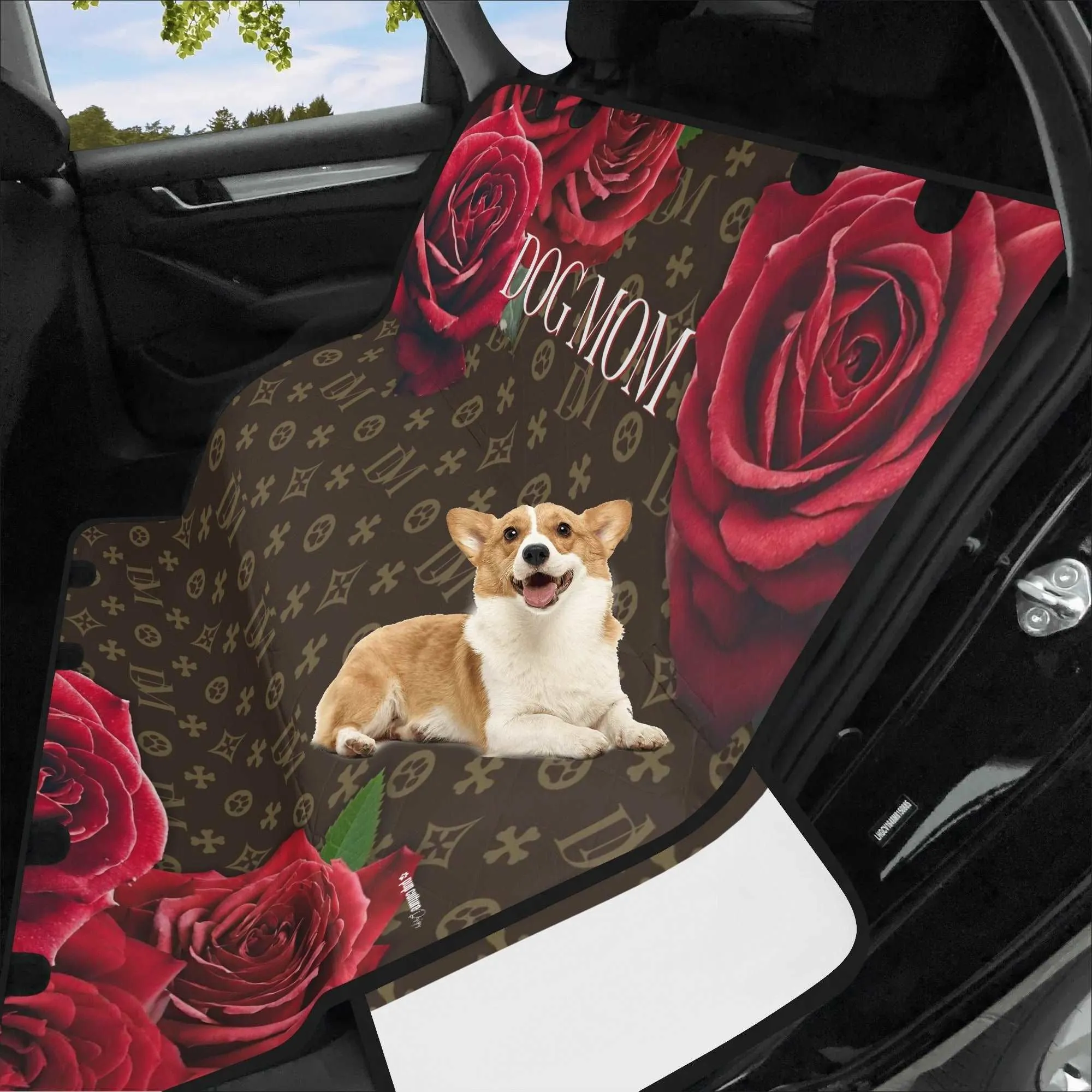 Dog Mom "DM" Motif Red Rose Hammock Dog Car Seat Cover