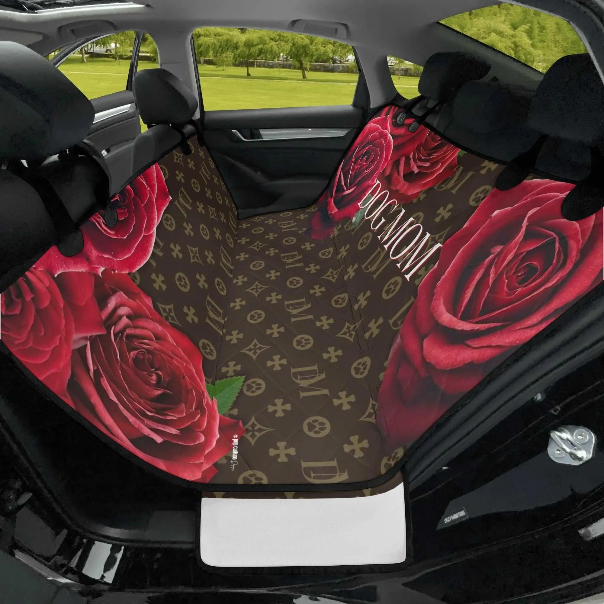 Dog Mom "DM" Motif Red Rose Hammock Dog Car Seat Cover