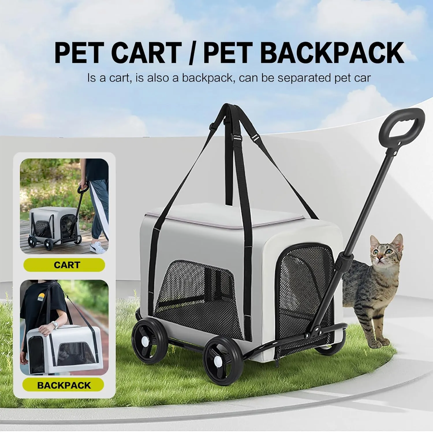 Dog Stroller 2 in 1 Pet Carrier Bag 4 Wheels Folding Dog Cart Pet Stroller for Travelling Shopping Walking Playing for Small Dogs Cats (Grey)