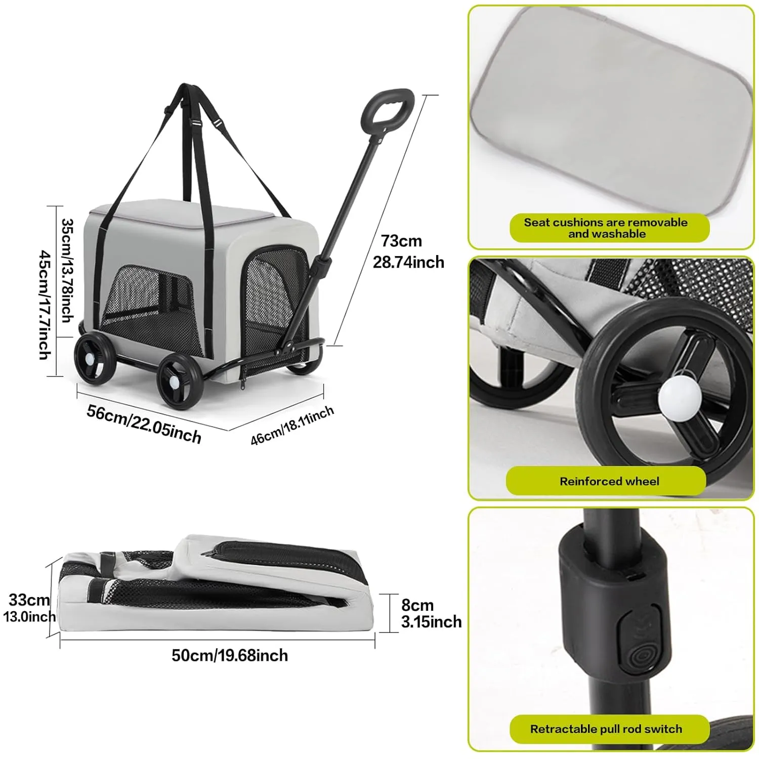 Dog Stroller 2 in 1 Pet Carrier Bag 4 Wheels Folding Dog Cart Pet Stroller for Travelling Shopping Walking Playing for Small Dogs Cats (Grey)