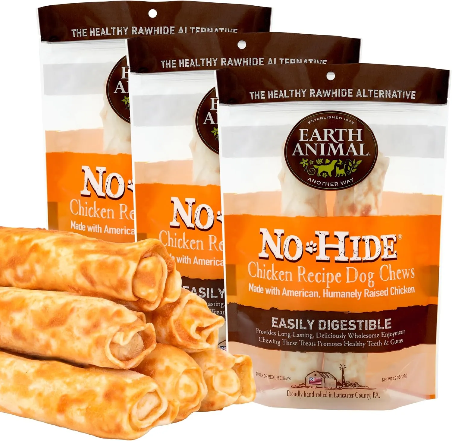 Earth Animal No Hide Medium Chicken Flavored Natural Rawhide Free Dog Chews Long Lasting Chew Sticks | Treats for Large Dogs | Great for Aggressive Chewers (3 Pack)