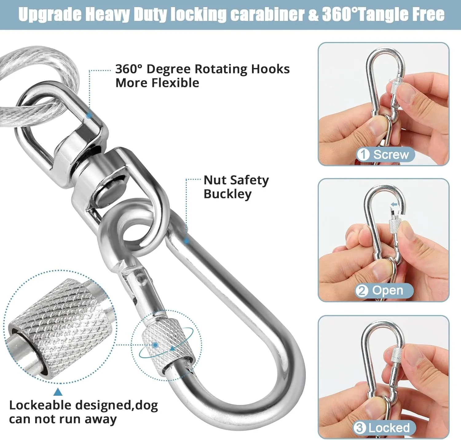 Jenico Dog Tie Out Cable - 10/15/20/30/40/50/70/100/150FT Runner Cable with Swivel Hook and Shock Spring, Outdoor and Camping Dog Leash Run Tether for Small to Medium Pets Up to 500 LBS
