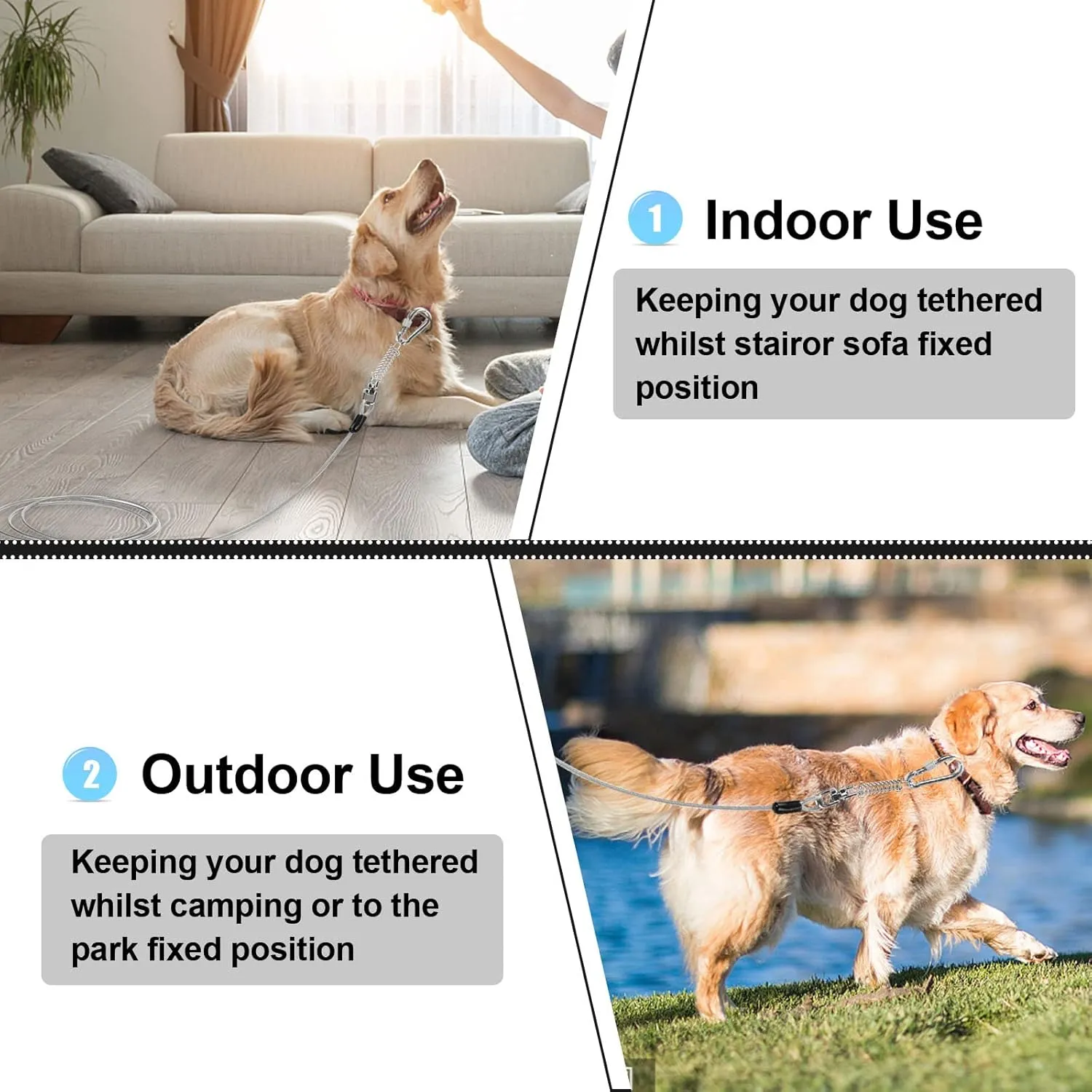 Jenico Dog Tie Out Cable - 10/15/20/30/40/50/70/100/150FT Runner Cable with Swivel Hook and Shock Spring, Outdoor and Camping Dog Leash Run Tether for Small to Medium Pets Up to 500 LBS