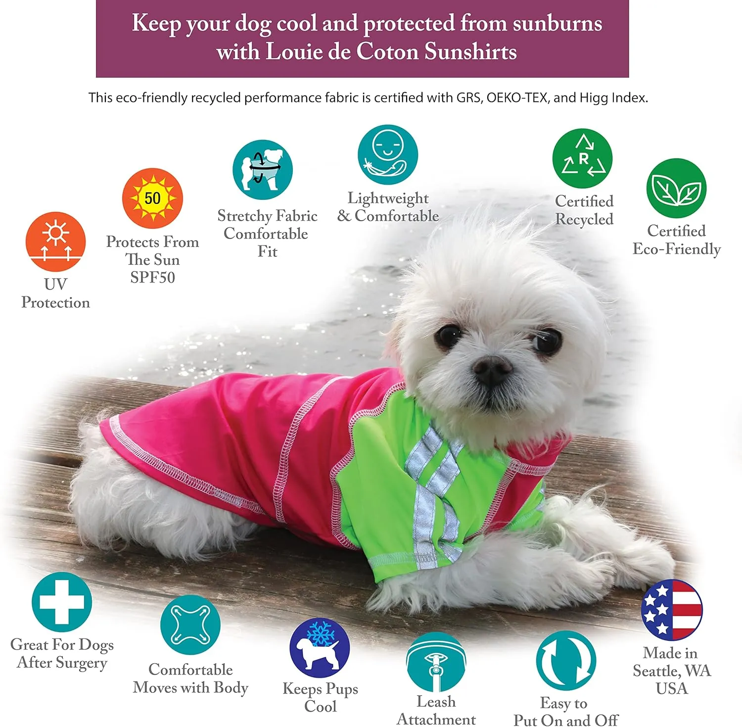 Louie de Coton Cooling Sun Shirt with UPF50  Sun Protection | Dog Clothes for Small Dogs | Dog Cooling Vest, Dog Shirts for Small Dogs with Sun Protection Made in USA Edition