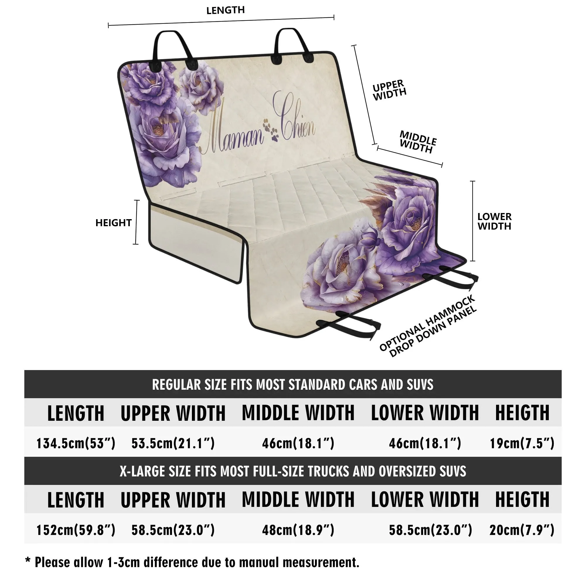 Maman Chien ["Dog Mom" in French] Lavender Rose Hammock Dog Car Seat Cover