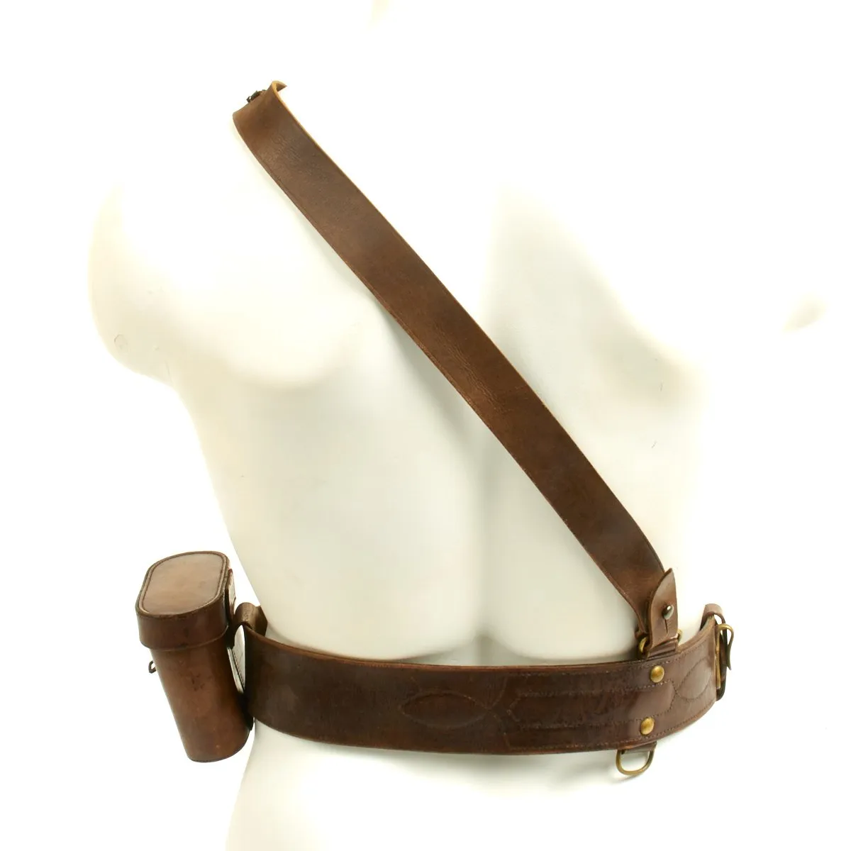 Original British WW1 Officers Sam Browne Belt Set with Whistle and Field Glasses in Case