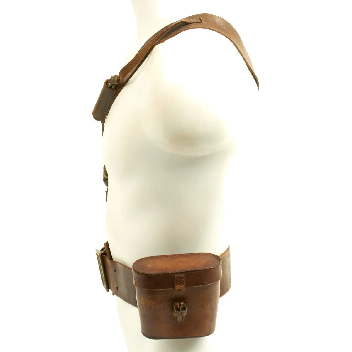 Original British WW1 Officers Sam Browne Belt Set with Whistle and Field Glasses in Case