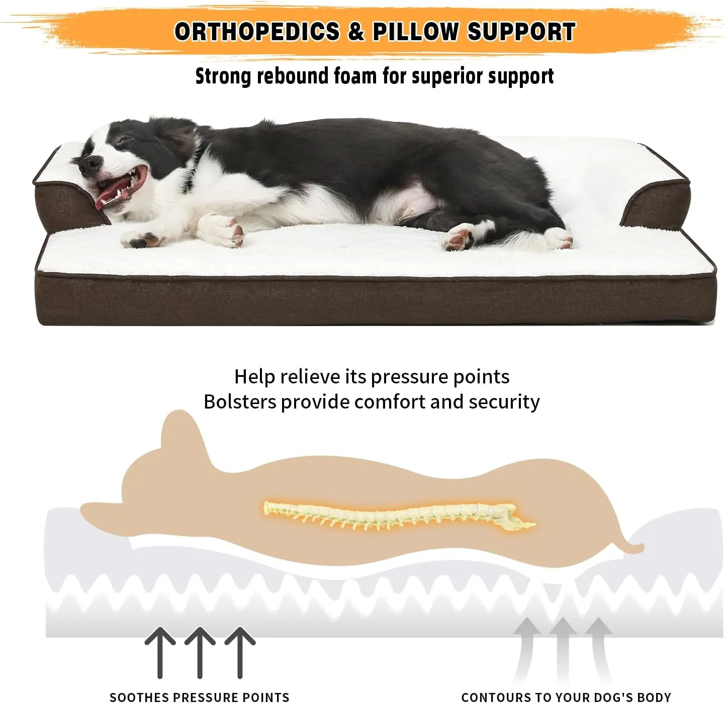 Orthopedic Dog Bed for Small Medium Dogs, Waterproof Memory Foam Dog Bolster Couch Beds, Washable Plush Faux Fur Dog Sofa Bed with Removable Cover & Anti-Slip Bottom, Darkbrown