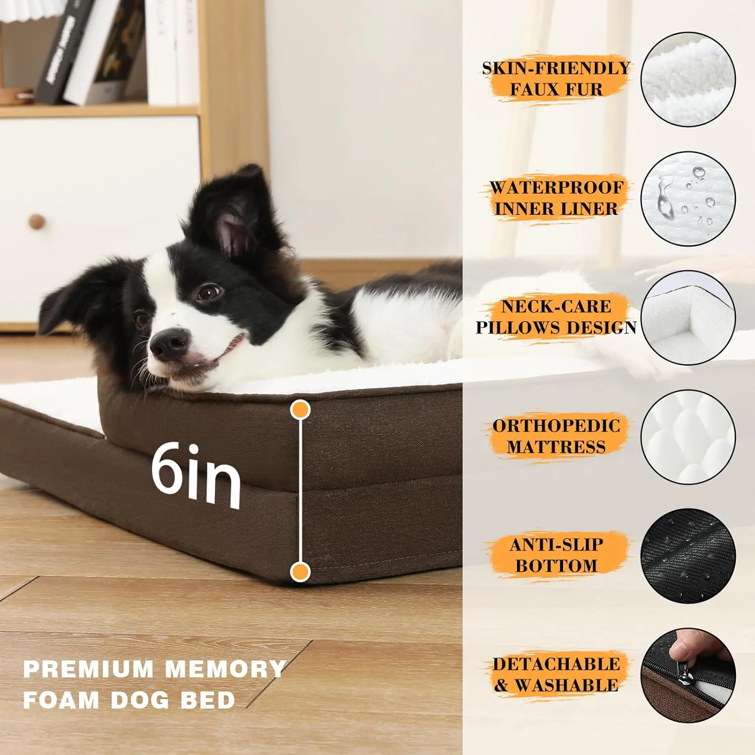 Orthopedic Dog Bed for Small Medium Dogs, Waterproof Memory Foam Dog Bolster Couch Beds, Washable Plush Faux Fur Dog Sofa Bed with Removable Cover & Anti-Slip Bottom, Darkbrown