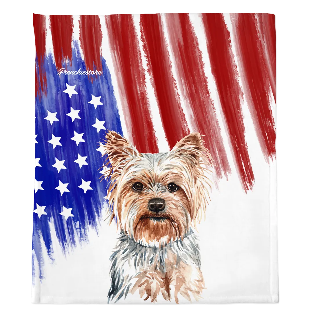 Patriotic Yorkshire Terrier Blanket | American dog in Watercolors
