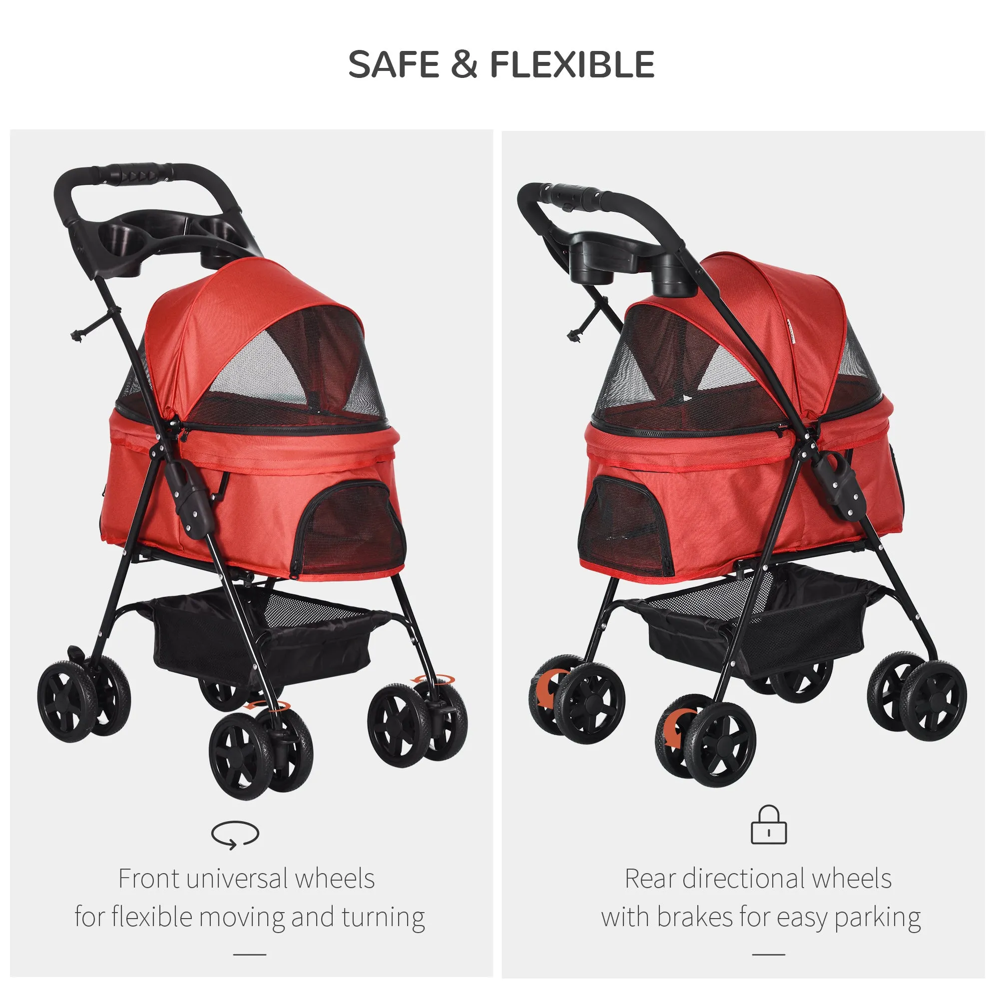 PawHut Pet Stroller Foldable Travel Carriage with Brake Basket Canopy