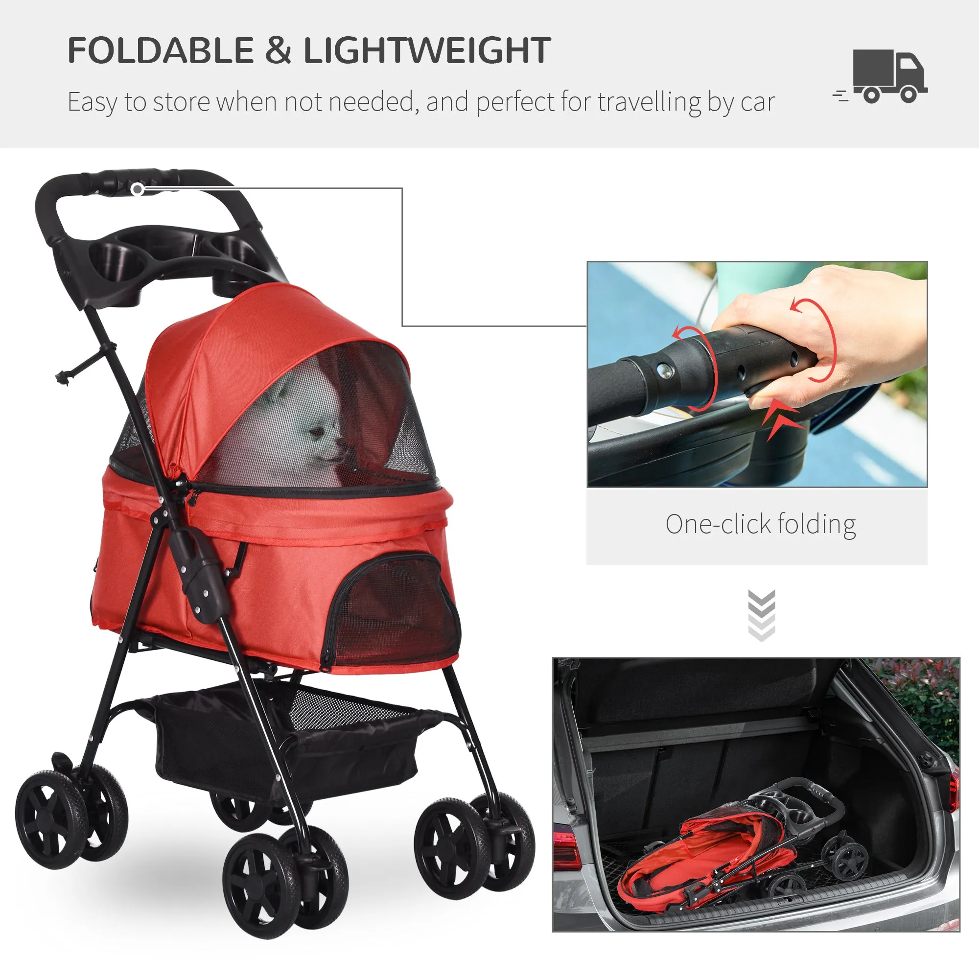 PawHut Pet Stroller Foldable Travel Carriage with Brake Basket Canopy