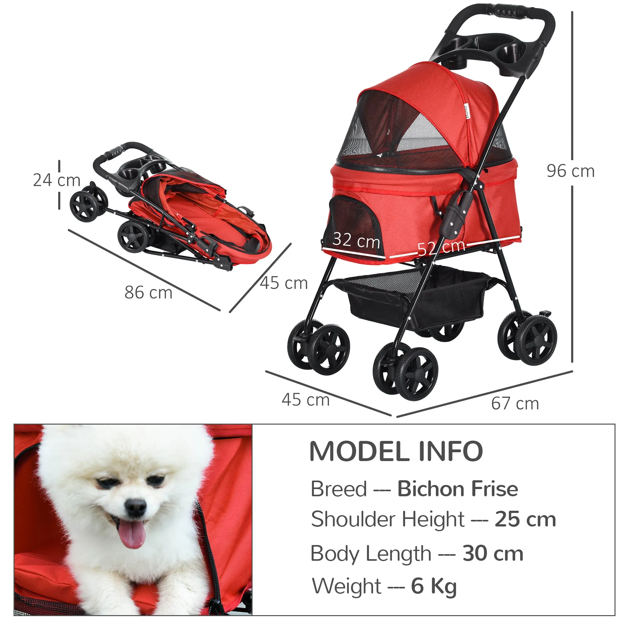 PawHut Pet Stroller Foldable Travel Carriage with Brake Basket Canopy