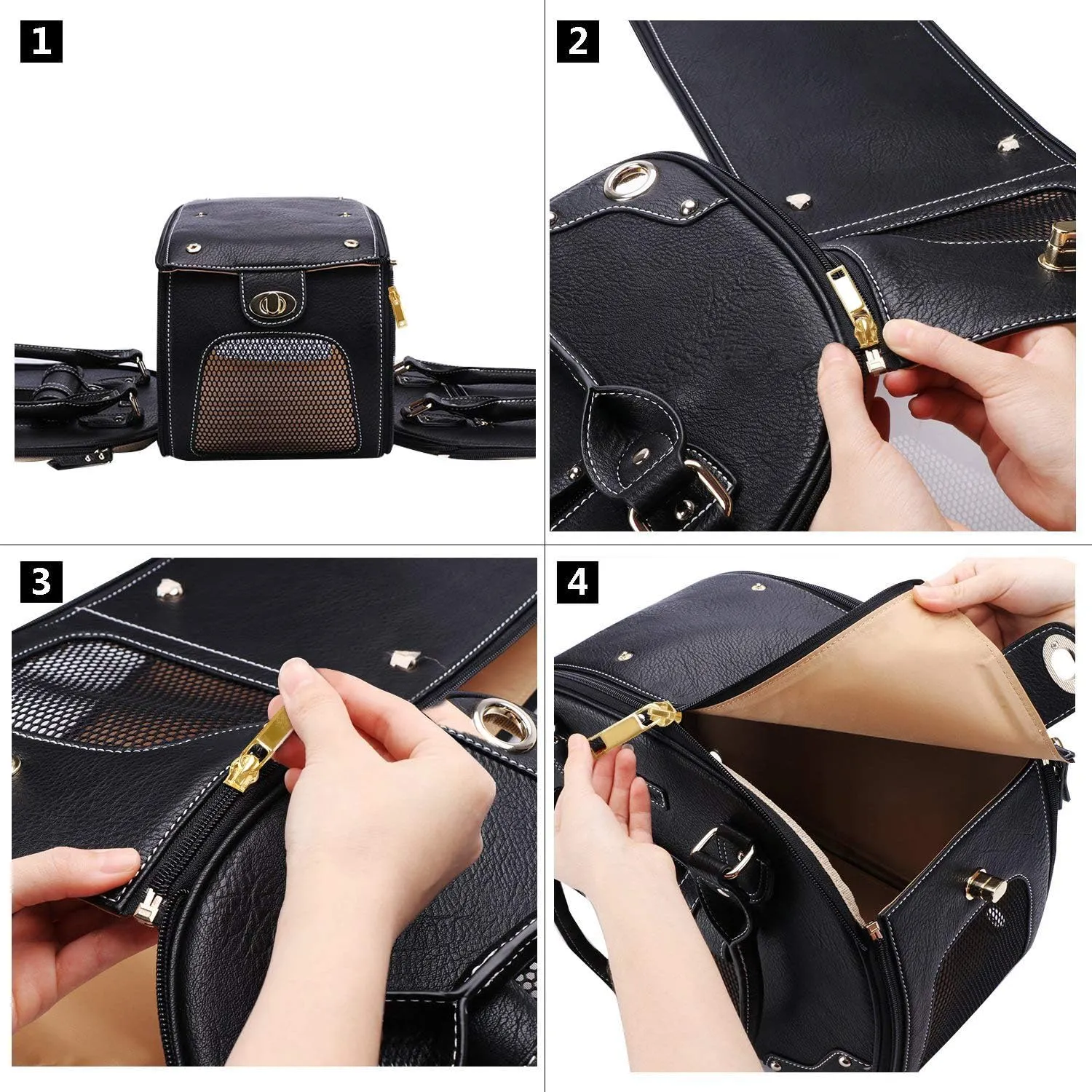 PetsHome Dog Carrier, Pet Carrier, Dog Purse, Foldable Waterproof Premium PU Leather Pet Travel Portable Bag Carrier for Cat and Small Dog Home & Outdoor Small Black