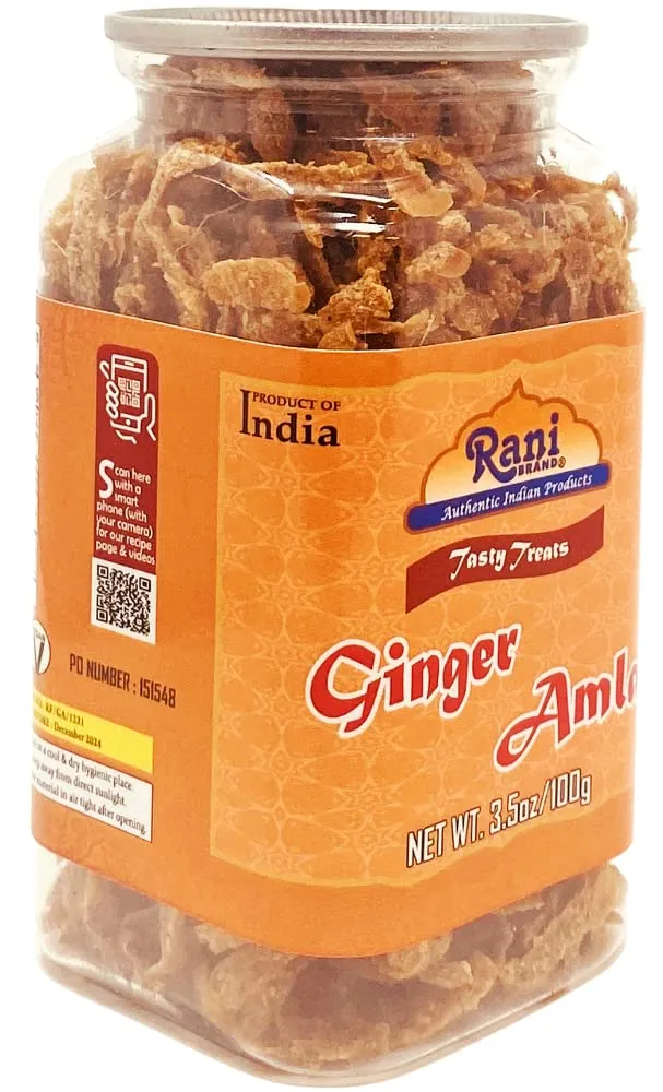 Rani Ginger Amla Candy 3.5oz (100g) Vacuum Sealed, Easy Open Top, Resealable Container ~ Indian Tasty Treats | Vegan | Gluten Friendly | NON-GMO