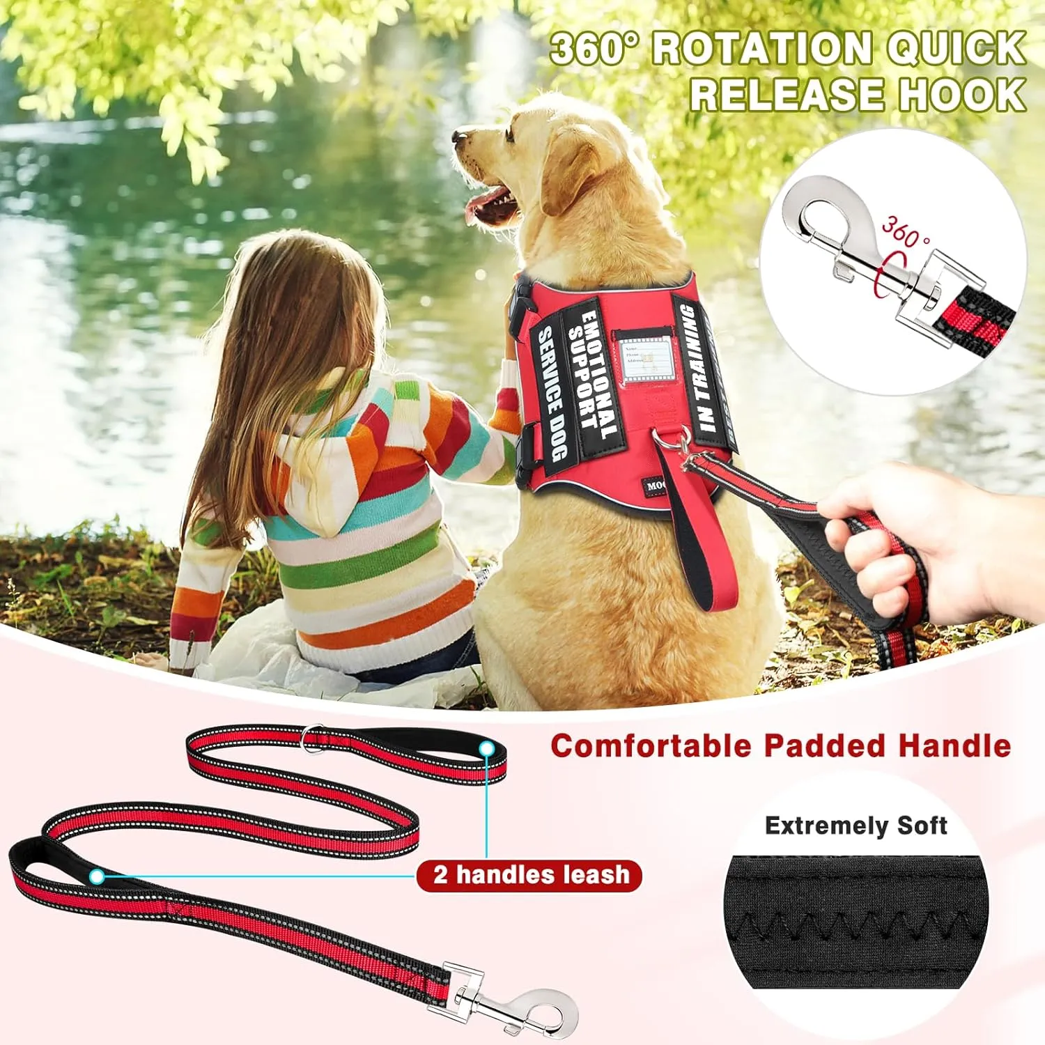 Service Dog Vest Harness and Leash Set 10 Patches,No Pull&Adjustable Reflective Dog Harness with Soft Padded Handle for Training/Everyday,Fit Small/Medium/Large/Extra-Large Dogs(Red XL)