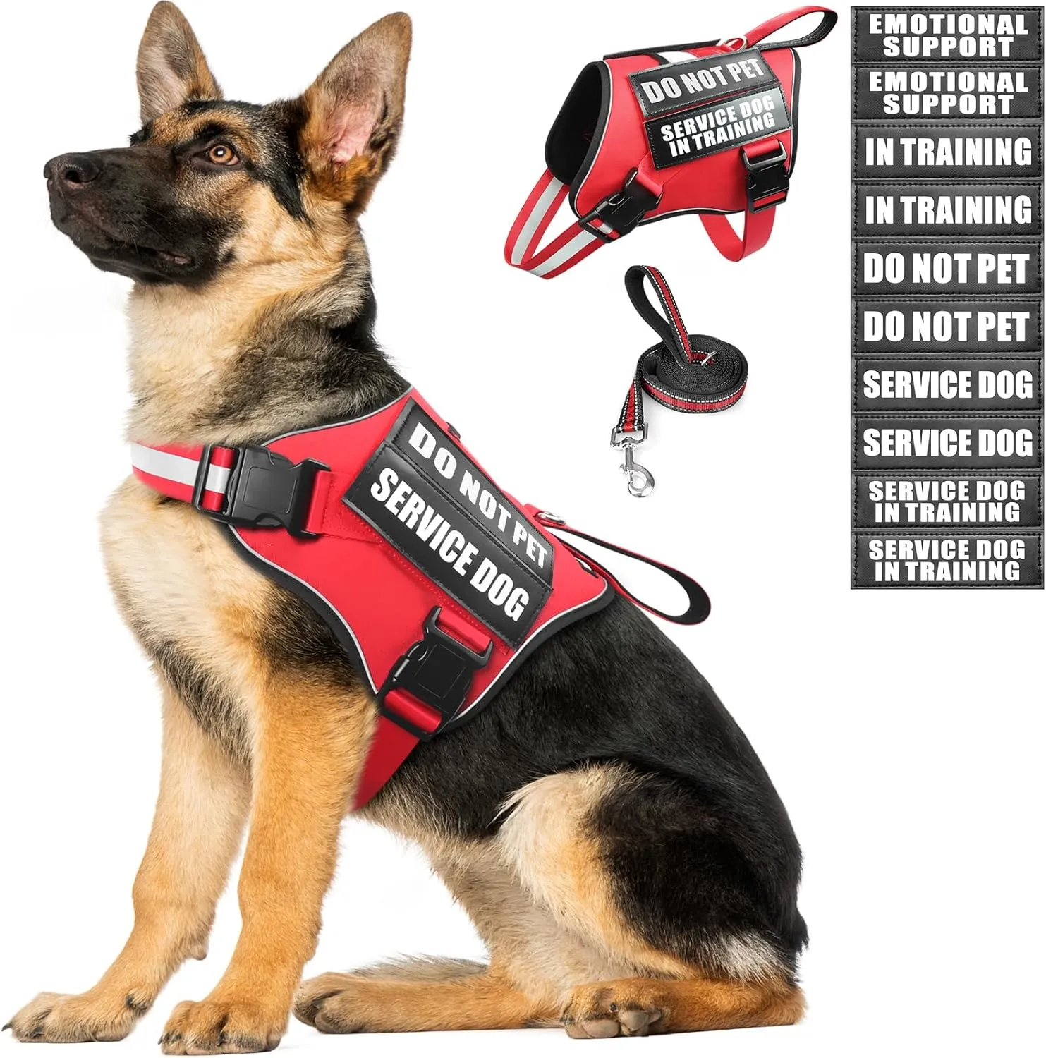 Service Dog Vest Harness and Leash Set 10 Patches,No Pull&Adjustable Reflective Dog Harness with Soft Padded Handle for Training/Everyday,Fit Small/Medium/Large/Extra-Large Dogs(Red XL)
