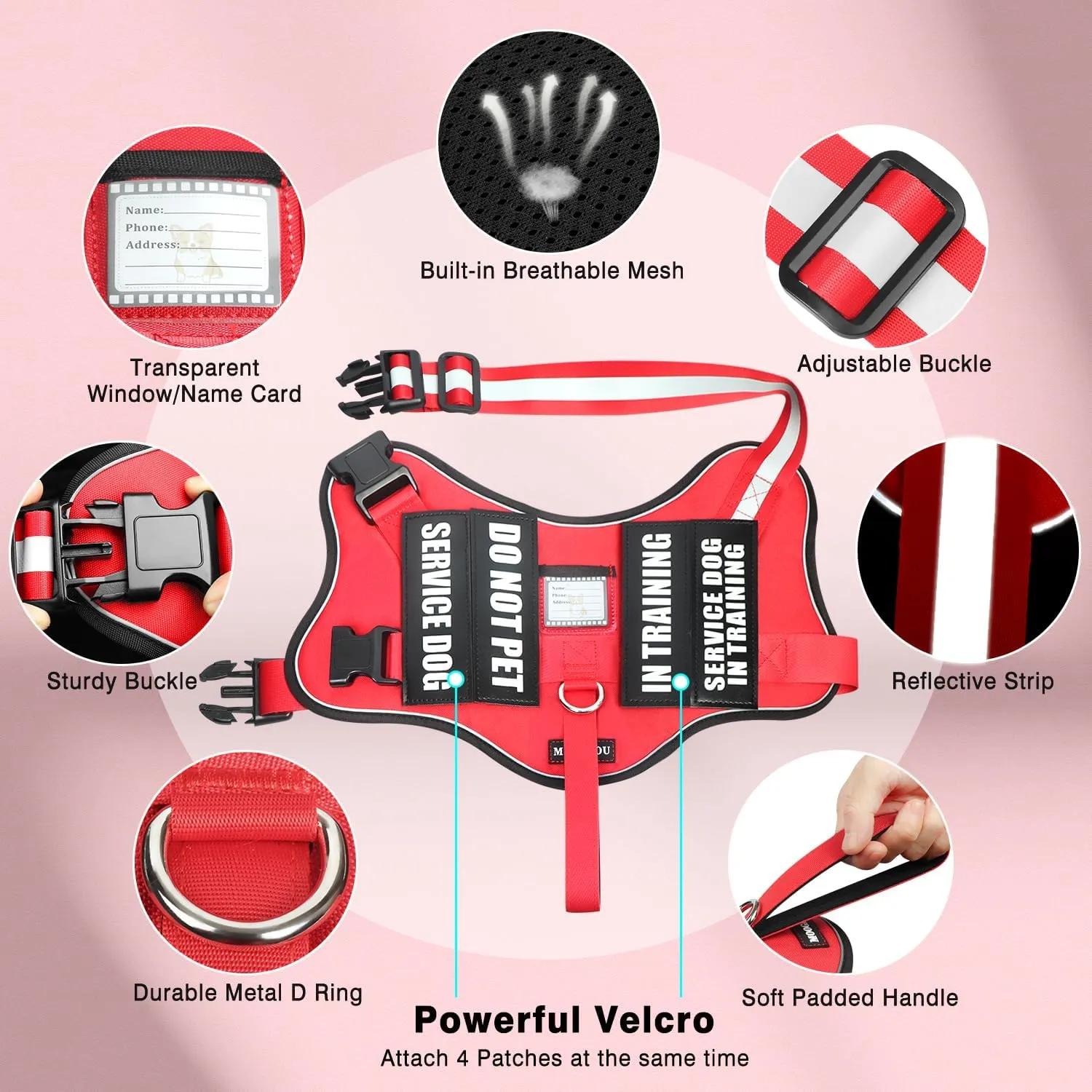Service Dog Vest Harness and Leash Set 10 Patches,No Pull&Adjustable Reflective Dog Harness with Soft Padded Handle for Training/Everyday,Fit Small/Medium/Large/Extra-Large Dogs(Red XL)