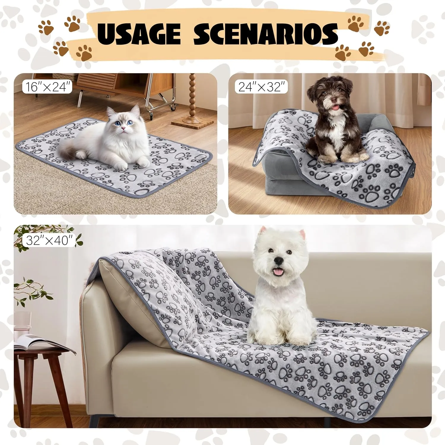 Stuffed 3 Pcs Soft Dog Blankets for Small Dogs, Washable Puppy Blanket for Cat Kitten Essentials, 24 * 16 Inches, Grey Cute Paw Print