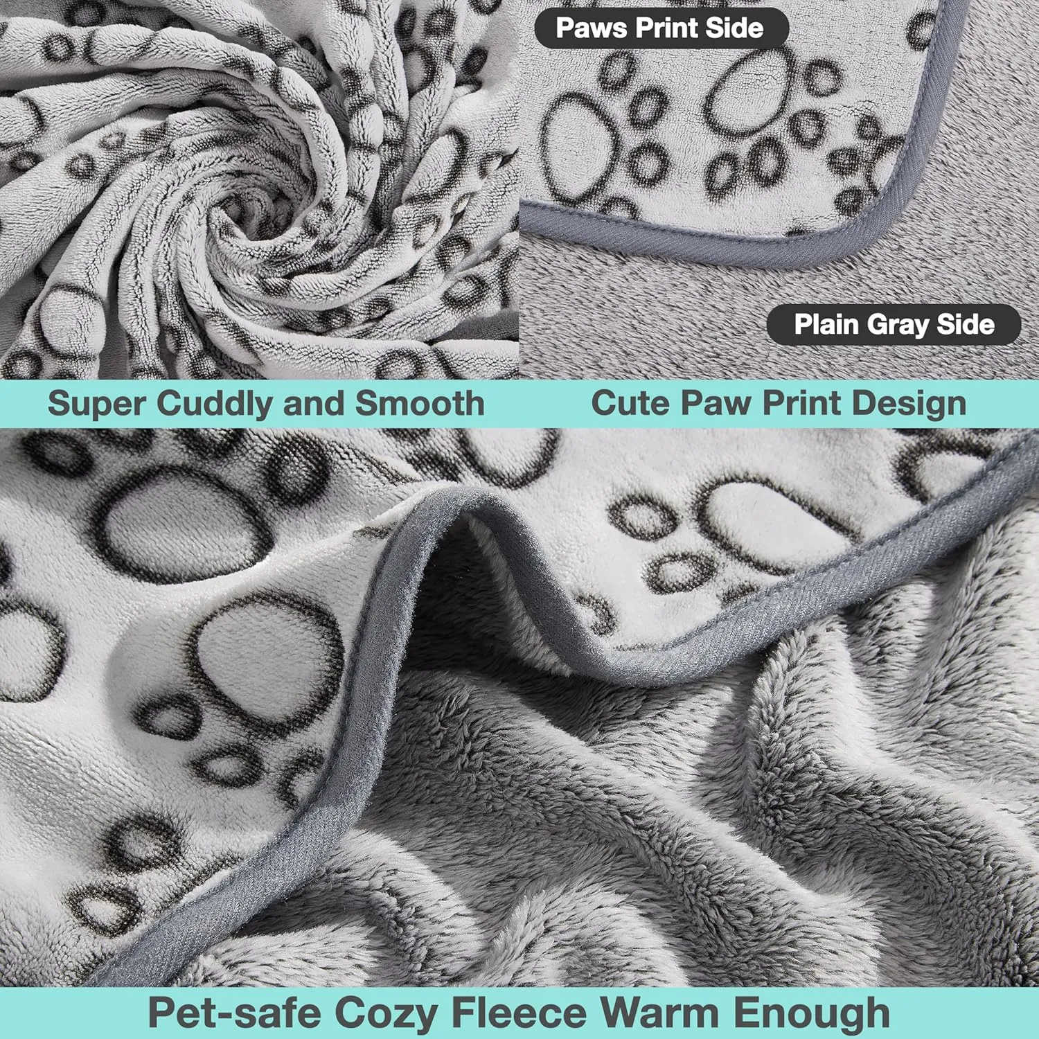 Stuffed 3 Pcs Soft Dog Blankets for Small Dogs, Washable Puppy Blanket for Cat Kitten Essentials, 24 * 16 Inches, Grey Cute Paw Print