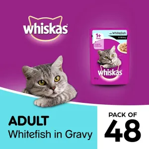 Whiskas Adult (1 Yrs) Whitefish in Gravy (Monthly Pack), Wet Cat Food 85 g (Pack of 48 Pouches)